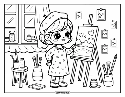 Desen de colorat cu profesii pentru adulți: O artistă chibi stă într-un studio primitor cu pensule, borcane și o pictură pe jumătate terminată