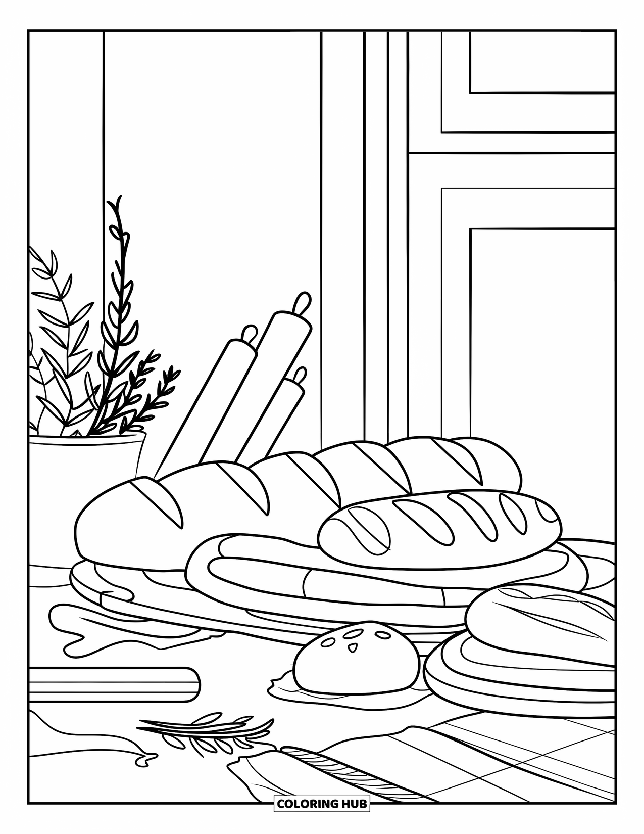 Career Coloring Page for Adults: A countertop with bread, herbs, and rolling pins offers a peaceful moment in the kitchen