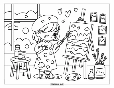 Desen de colorat cu profesii pentru adulți: O artistă drăgălașă pictează la șevalet într-un studio însorit plin de pensule și schițe