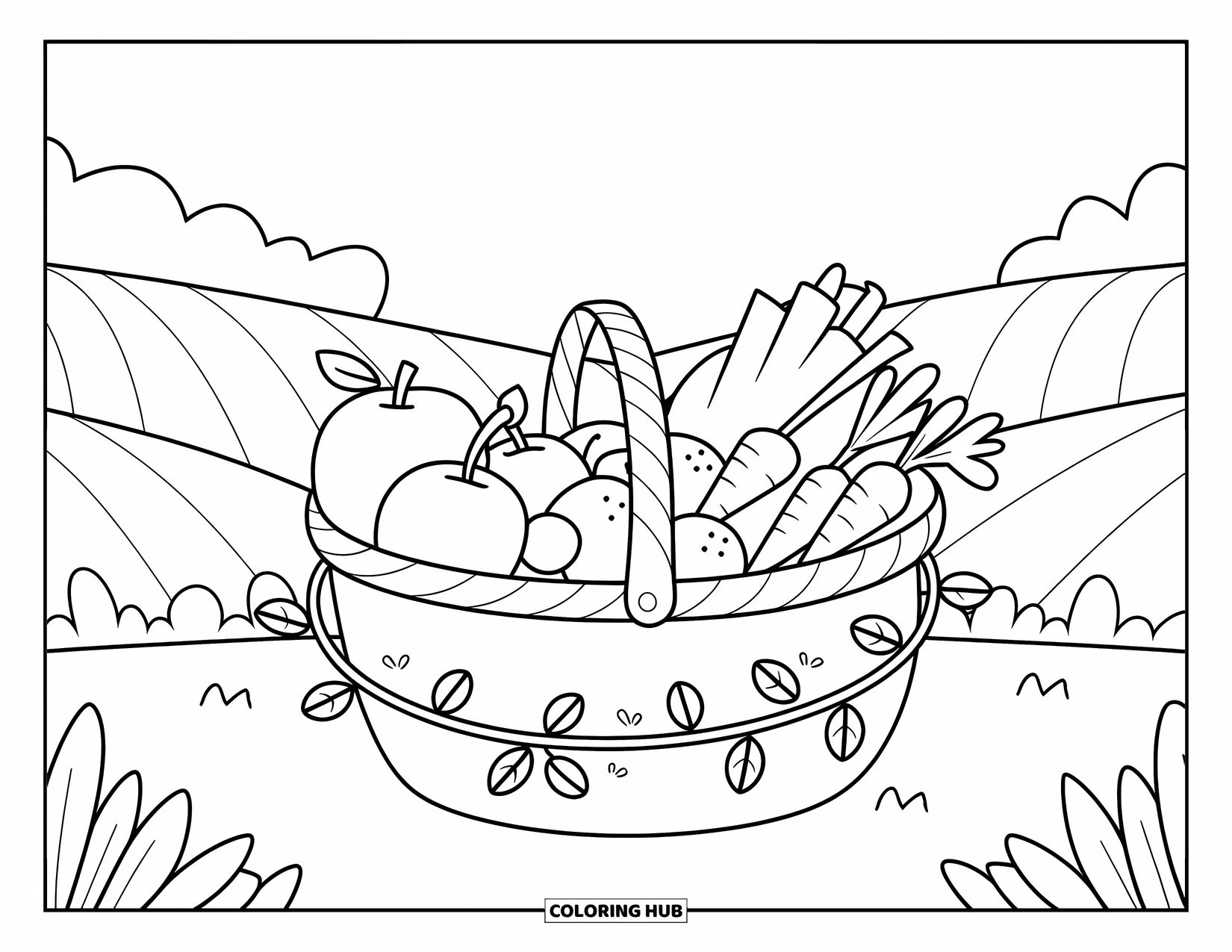 Career Coloring Page for Adults: A fruit-filled basket sits on a hill with leafy vines and a calm sky around