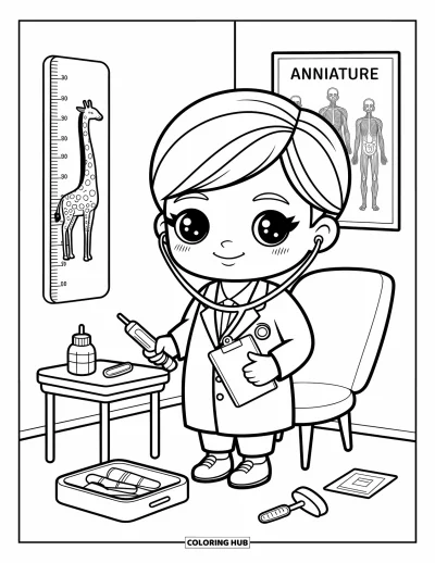 Desen de colorat cu profesii pentru adulți: O doctoriță fericită stă într-o clinică primitoare cu instrumente drăguțe și un poster cu girafă