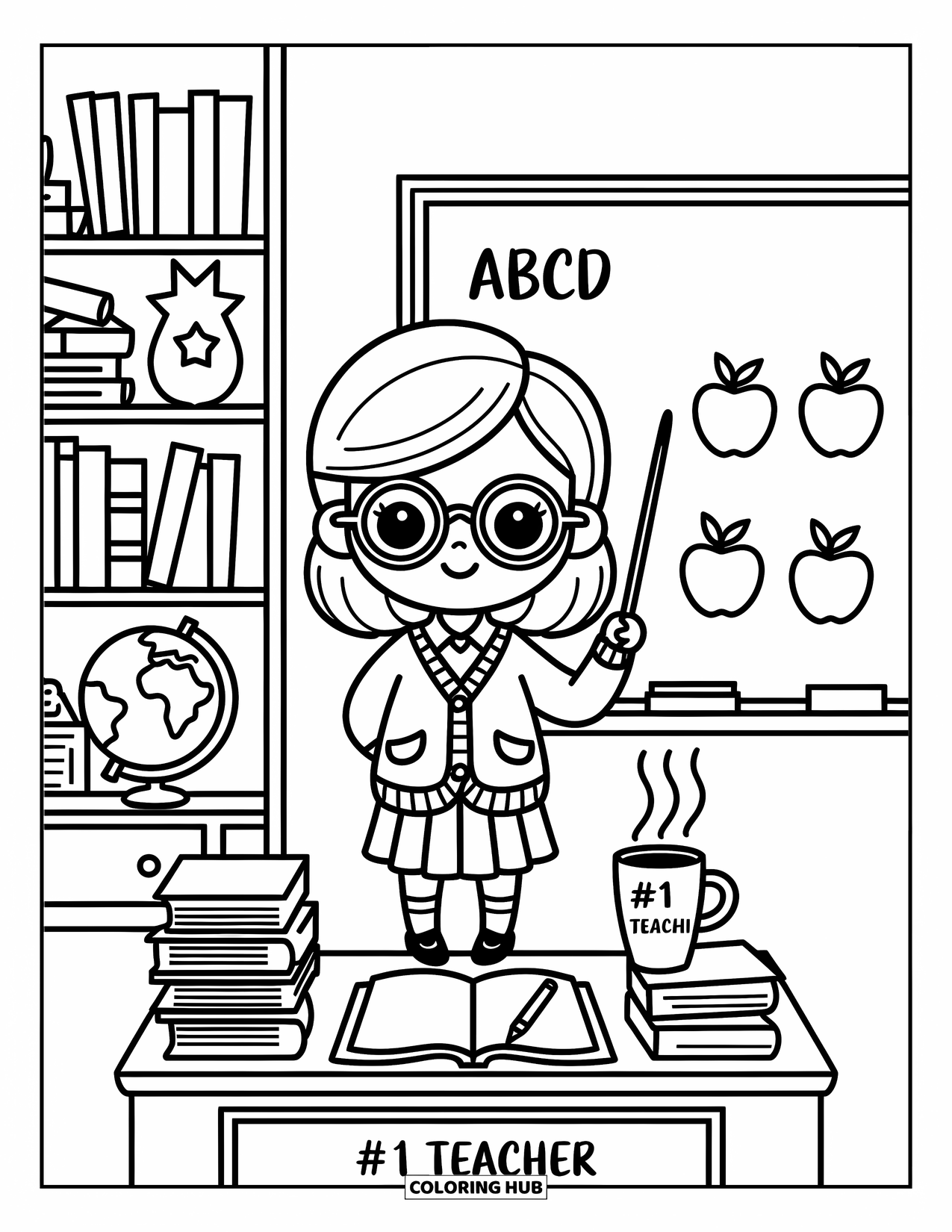 Career Coloring Page for Adults: A happy teacher teaches the alphabet beside shelves of books and a desk with papers
