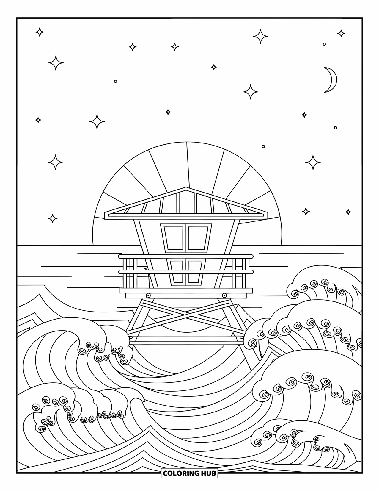 Career Coloring Page for Adults: A peaceful tower stands above soft waves with stars and a crescent moon nearby
