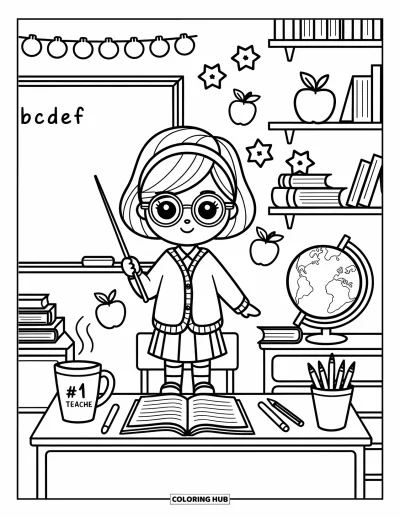 Desen de colorat cu profesii pentru adulți: O profesoară mândră cu ochelari stă lângă o tablă și un birou cu eticheta "#1 Teacher"