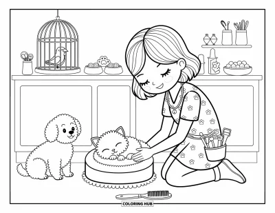 Desen de colorat cu profesii pentru adulți: O veterinară grijulie ajută un pisoi în timp ce un câine fericit și o pasăre ciripind privesc
