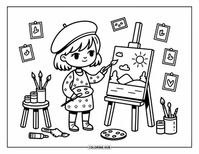 Desen de colorat cu profesii pentru adulți: O artistă minusculă în halat plin de vopsea stă mândră într-un atelier colorat și cald