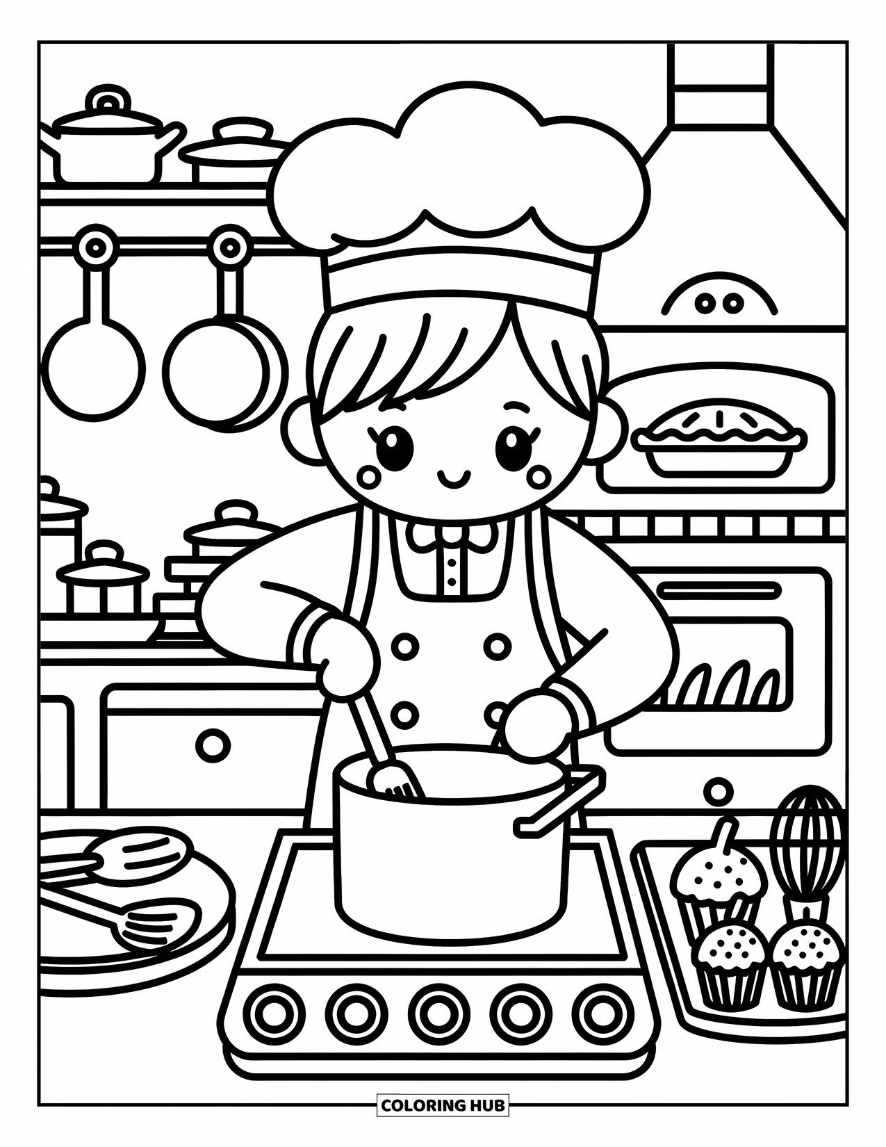 Career Coloring Page for Adults: A tiny chef stirs a pot while cupcakes and kitchen tools surround the warm kitchen