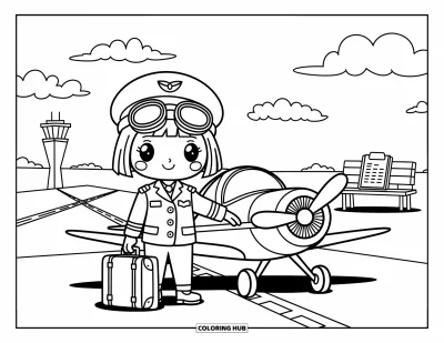 Desen de colorat cu profesii pentru adulți: Un pilot minuscul cu ochelari de aviator stă lângă un avion, gata de decolare cu nori deasupra