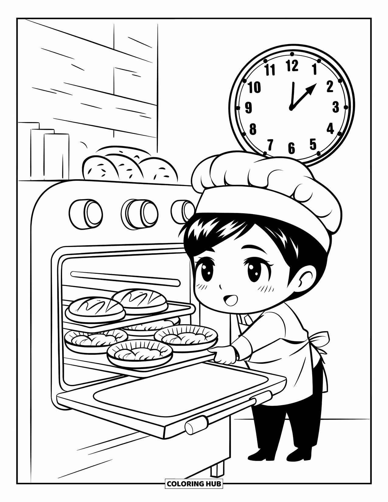 Career Coloring Page for Kids: A baker opens an oven as a clock shows early morning hours