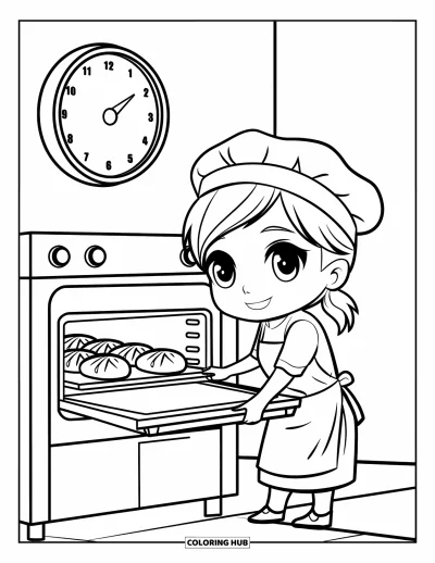 Desen de colorat cu profesii pentru copii: Un brutar deschide un cuptor plin cu produse de patiserie, sub un ceas care arată dimineața devreme
