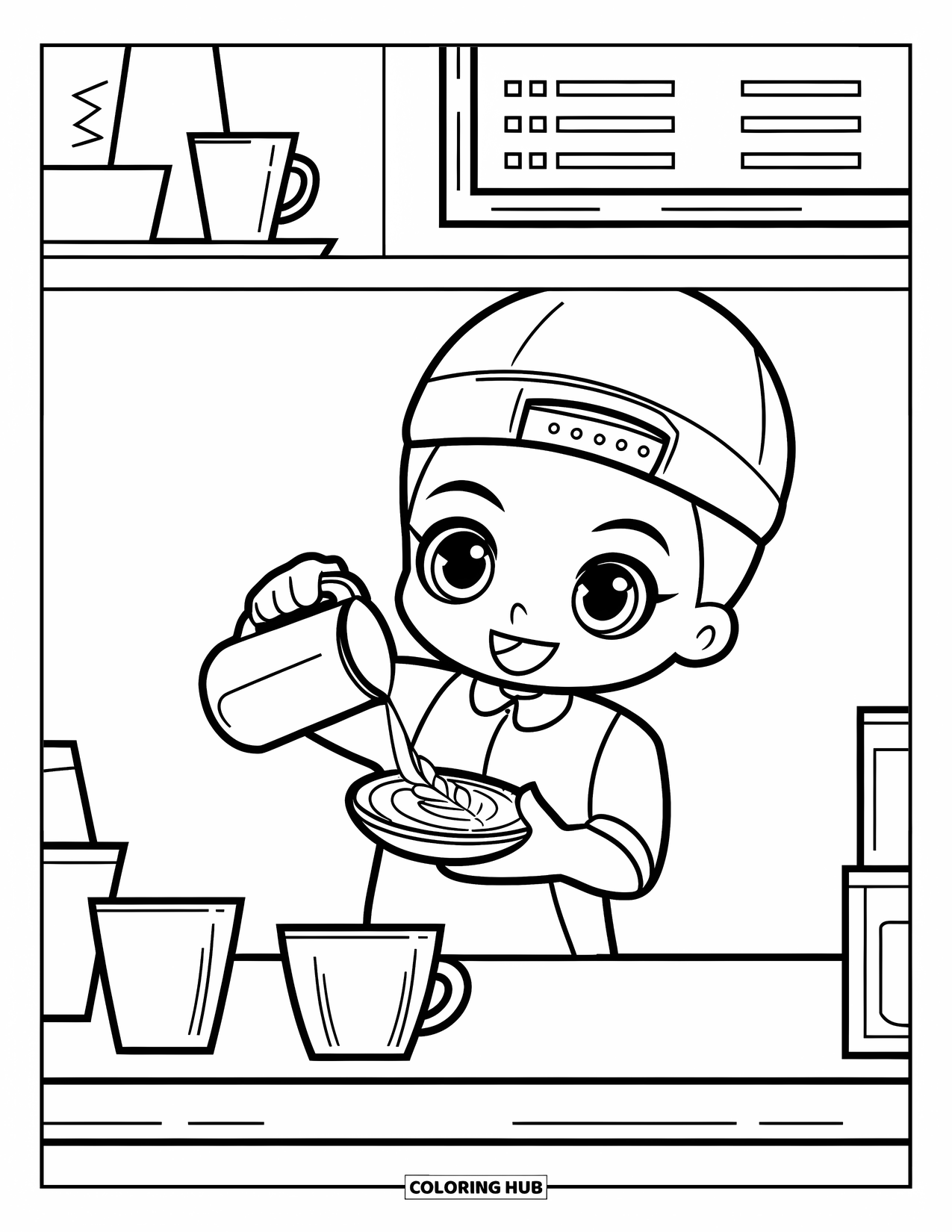 Career Coloring Page for Kids: A barista pours latte art beside a few cups and a menu board