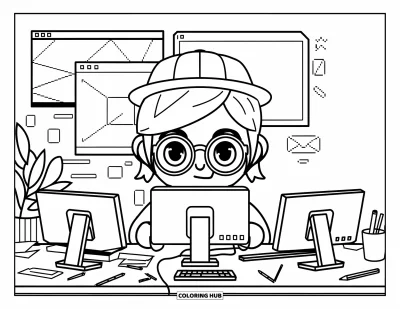 Desen de colorat cu profesii pentru copii: Un programator stă lângă monitoare cu o cană de cafea și o plantă în apropiere
