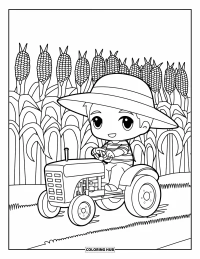 Desen de colorat cu profesii pentru copii: Un fermier conduce un tractor cu cămașă în dungi și porumb în fundal
