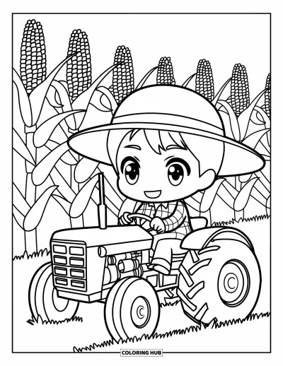 Desen de colorat cu profesii pentru copii: Un fermier conduce un tractor roșu pe lângă rânduri lungi de porumb