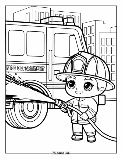 Desen de colorat cu profesii pentru copii: Un pompier stropește cu furtunul lângă o mașină de pompieri roșie marcată "Fire Department"