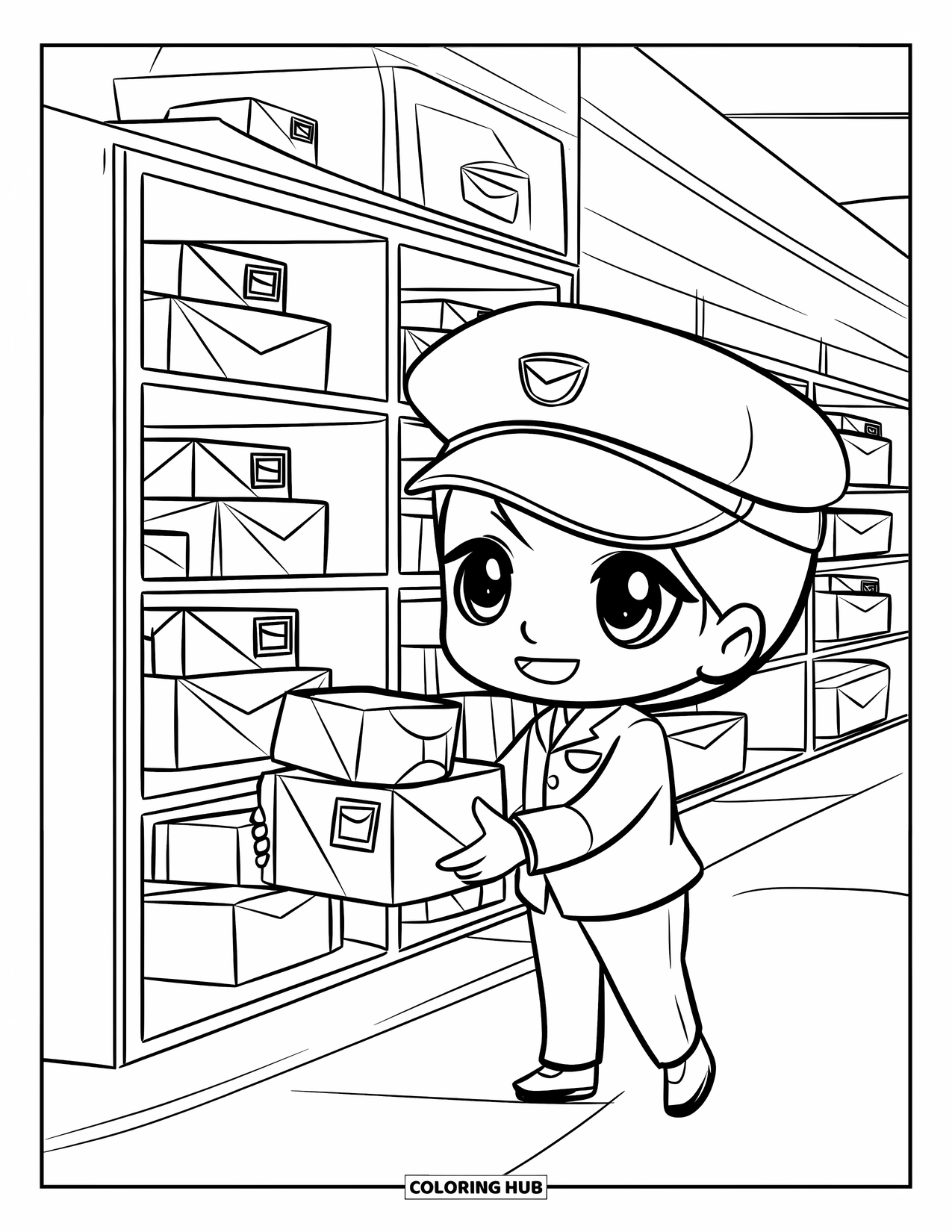 Career Coloring Page for Kids: A mail carrier sorts packages neatly in a post office with empty background