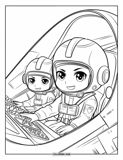 Desen de colorat cu profesii pentru copii: Un pilot și un copilot stau în cabina de pilotaj cu cadrane și butoane
