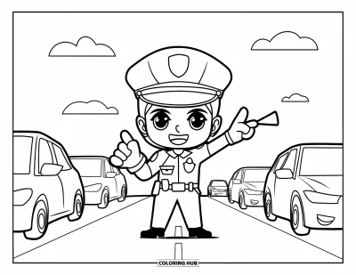 Desen de colorat cu profesii pentru copii: Un polițist dirijează circulația cu mănuși și fluier, în timp ce mașinile așteaptă