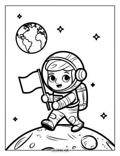 Desen de colorat cu profesii pentru copii: Un astronaut merge pe Lună ținând un steag, cu Pământul în fundal