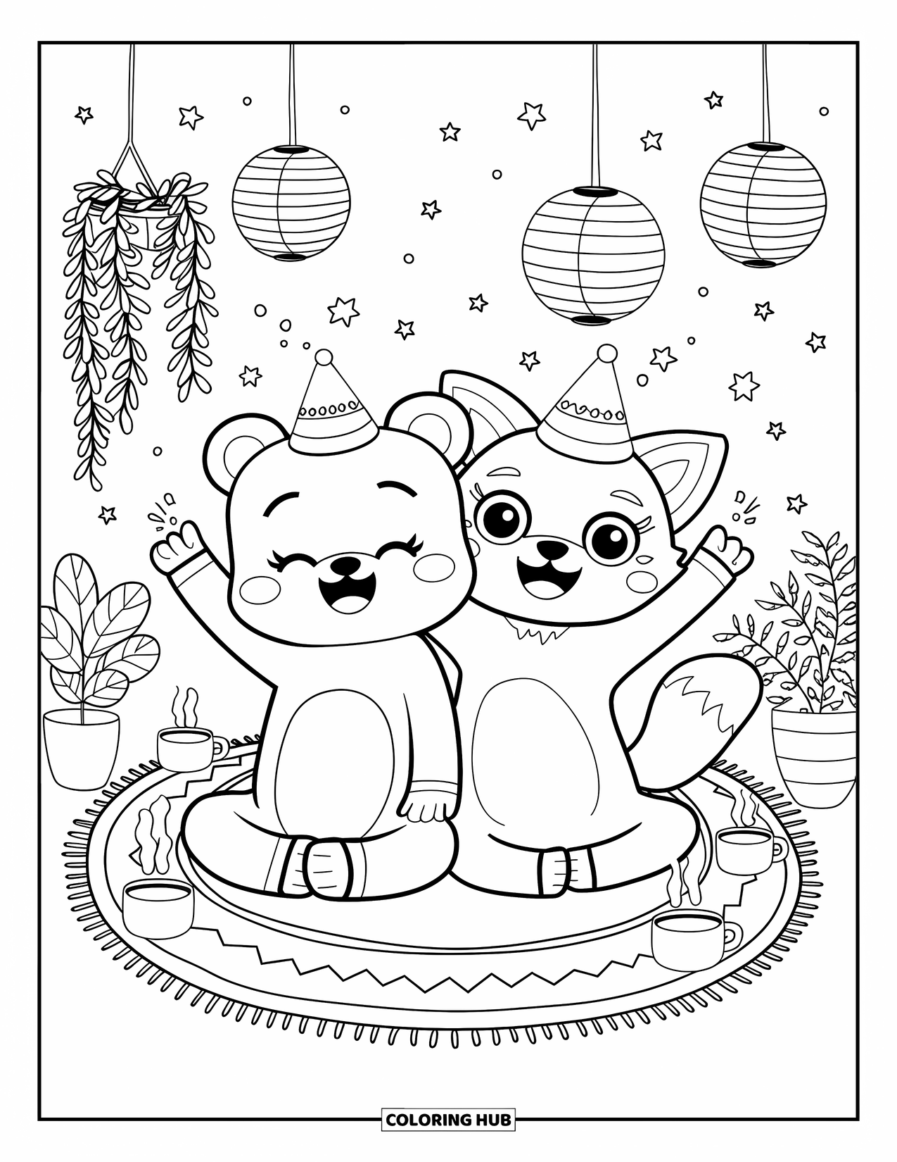 Cheer Coloring Page for Adults: Bear and fox cheering together on a cozy rug with mugs and lanterns