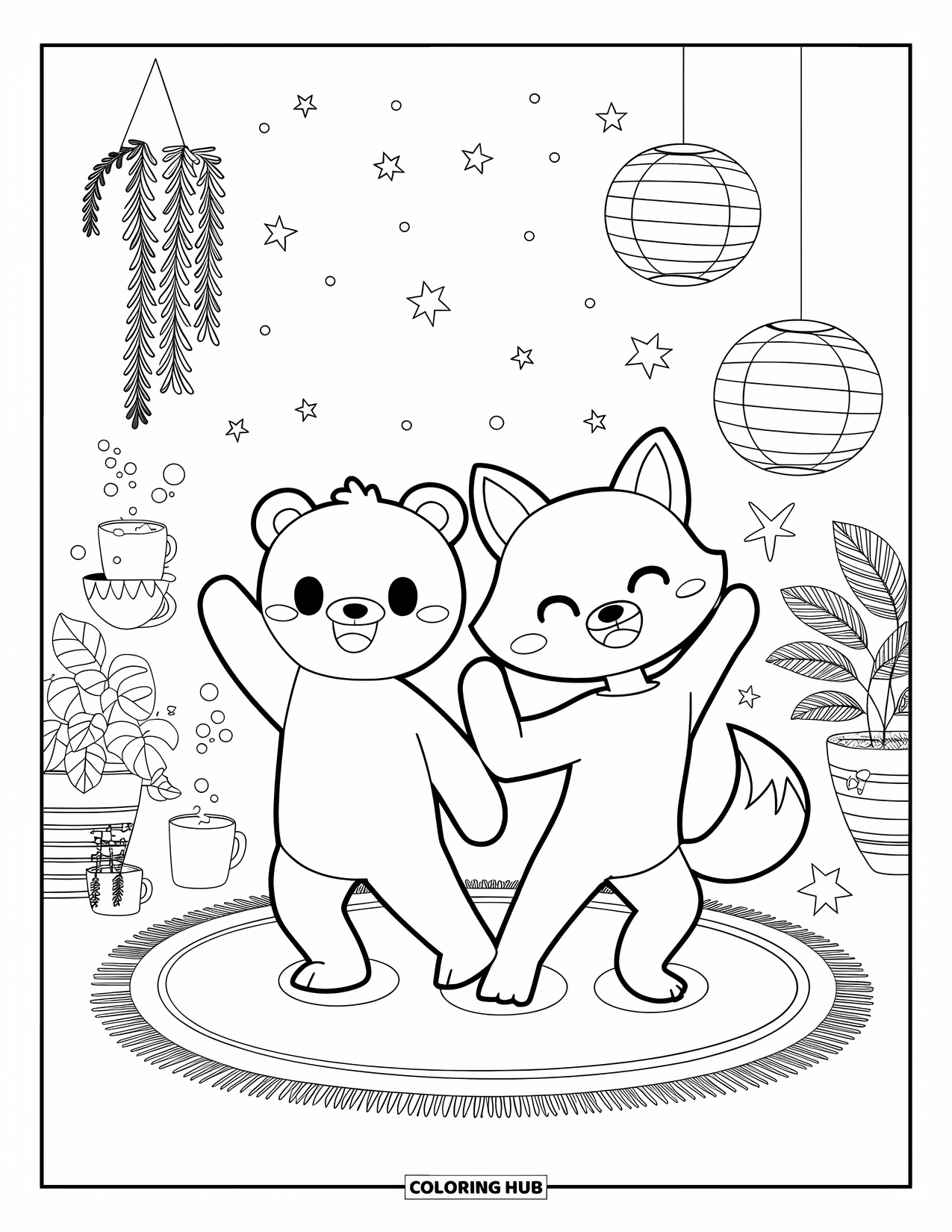 Cheer Coloring Page for Adults: Bear and fox cheering together on a rug with plants, mugs, and lanterns