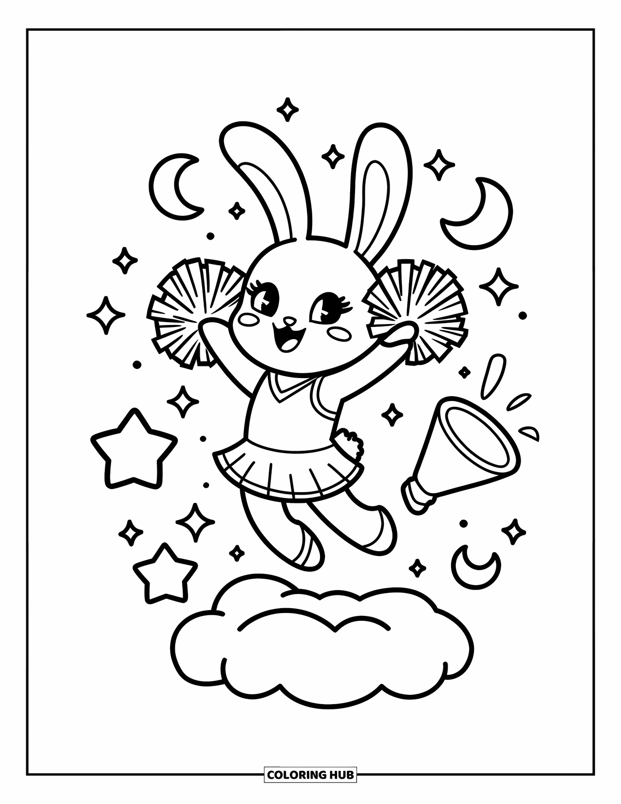 Cheer Coloring Page for Adults: Bunny cheerleader mid-jump on cloud holding pom-poms with stars and floating megaphone