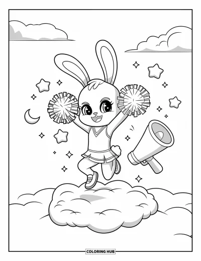 Målarbild med hejarklack för vuxna: Chibi-kanin som hejarklacksledare och hoppar på ett moln med pompoms, stjärnor och svävande megafon