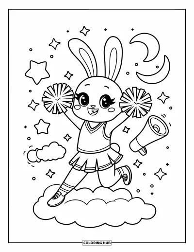 Målarbild med hejarklack för vuxna: Chibi-kanin på moln som hoppar med pompoms, stjärnor, månar och svävande megafon