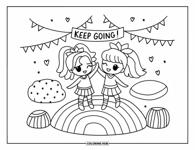 Målarbild med hejarklack för vuxna: Chibi-hejarklacksledare ger high five på regnbågsmatta under en "Keep Going!"-banderoll