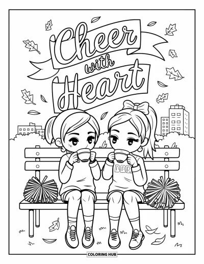 Målarbild med hejarklack för vuxna: Chibi-vänner som dricker te på en bänk med pompoms, löv och "Cheer With Heart"