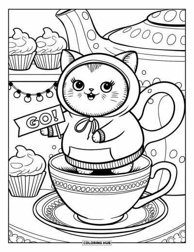 Målarbild med hejarklack för vuxna: Kattunge i hejarklackshoodie på tekopp som håller "Go!"-banderoll med muffins och ljusslingor
