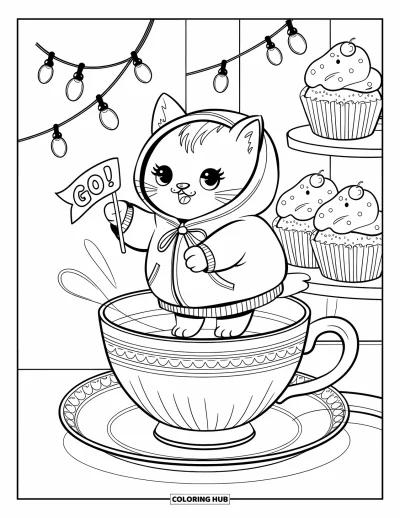 Målarbild med hejarklack för vuxna: Kattunge i stor hejarklackshoodie på tekopp med banderoll och jublande muffins