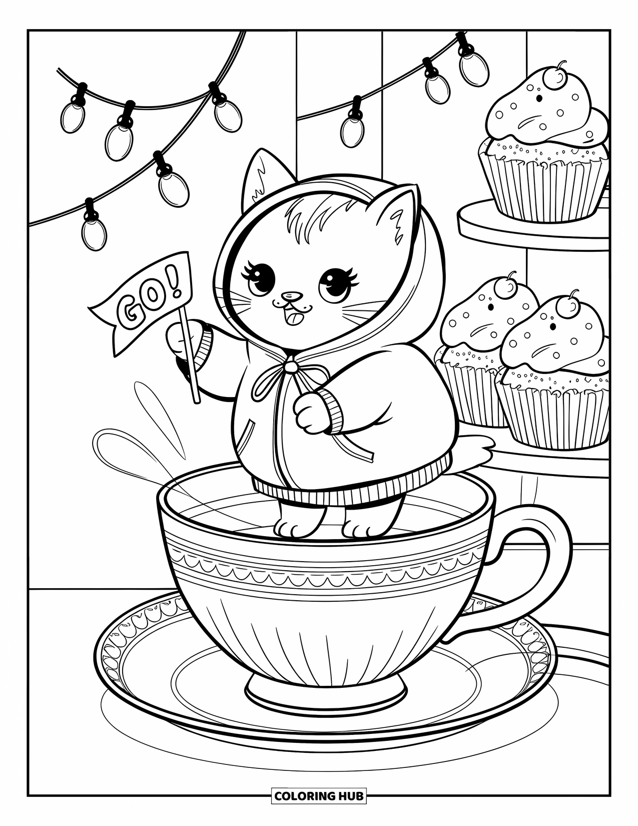 Cheer Coloring Page for Adults: Kitten in oversized cheer hoodie on teacup with banner and cheering cupcakes