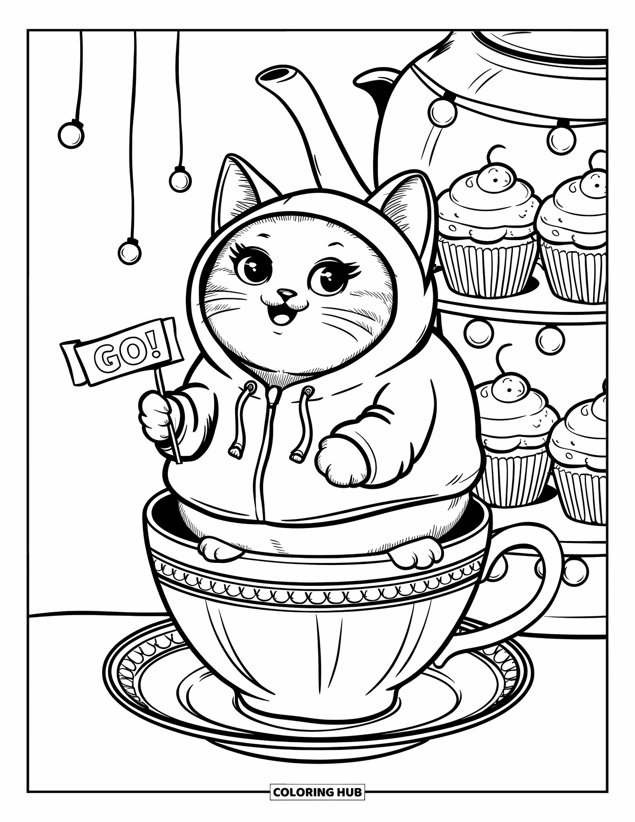 Cheer Coloring Page for Adults: Round kitten in cheer hoodie on teacup holding a "Go!" banner with cheering cupcakes