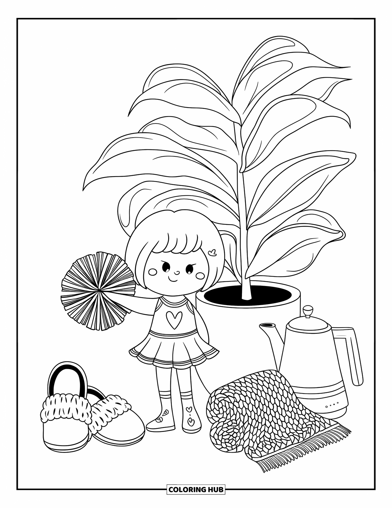Cheer Coloring Page for Adults: Small cheerleader with a heart-shaped pom-pom near a plant, slippers, and tea kettle