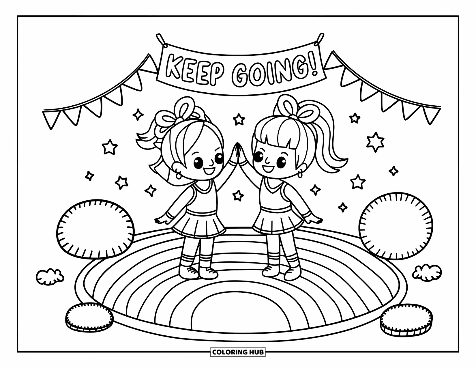 Cheer Coloring Page for Adults: Two chibi cheerleaders high-fiving on a rainbow mat with cushions and bunting