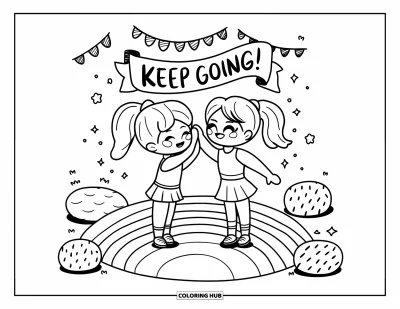 Målarbild med hejarklack för vuxna: Två chibi-hejarklacksledare som ger varandra en high five på en regnbågsmatta med "Keep Going!"-banderoll