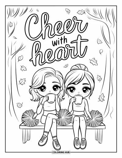 Målarbild med hejarklack för vuxna: Två chibi-vänner som dricker te med pompoms och fallande löv under "Cheer With Heart"