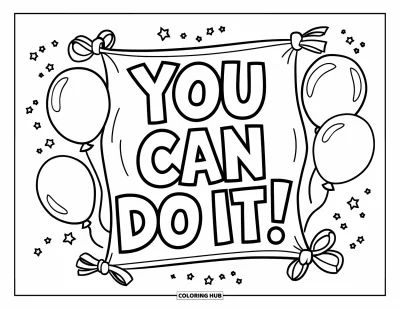 Målarbild med hejarklack för barn: Banderoll med "You can do it!" omgiven av ballonger och serpentiner