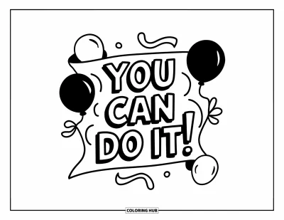 Målarbild med hejarklack för barn: Banderoll med "You can do it!" omgiven av ballonger och serpentiner