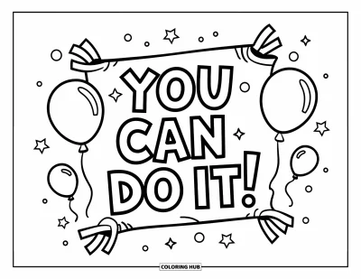 Målarbild med hejarklack för barn: Hejarklacksbanderoll med "You can do it!" och ballonger och serpentiner runtomkring