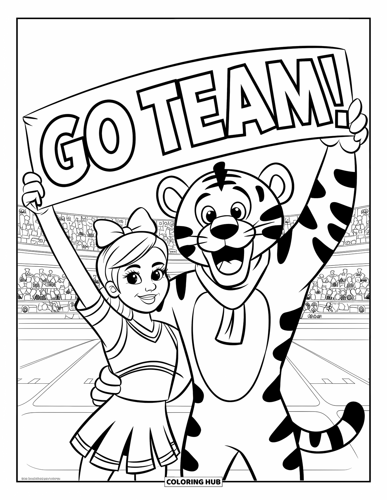 Cheer Coloring Page for Kids: Cheerleader and smiling tiger mascot raising a "Go Team!" banner in a stadium