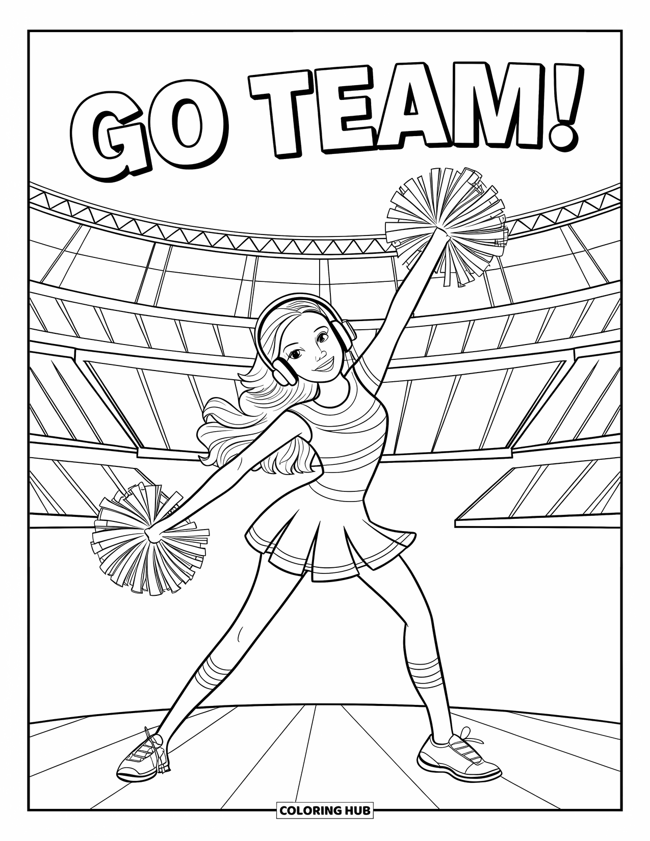 Cheer Coloring Page for Kids: Cheerleader dancing with headphones and pom-poms under a "Go Team!" banner