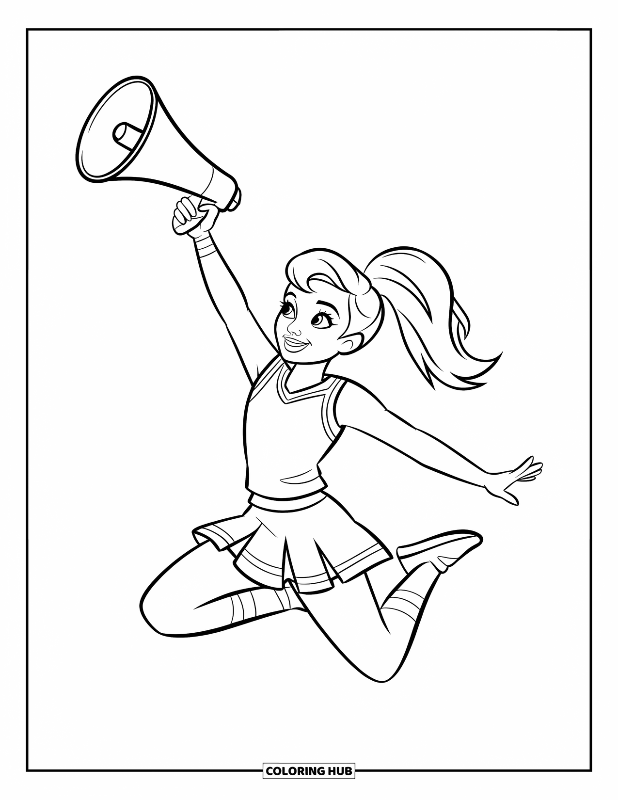 Cheer Coloring Page for Kids: Cheerleader in ponytail jumping mid-air holding a megaphone