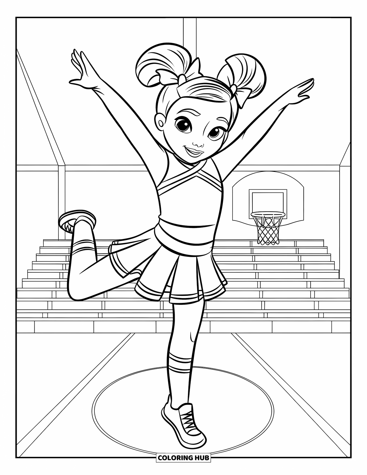 Cheer Coloring Page for Kids: Cheerleader jumping high in a toe-touch pose inside a gymnasium