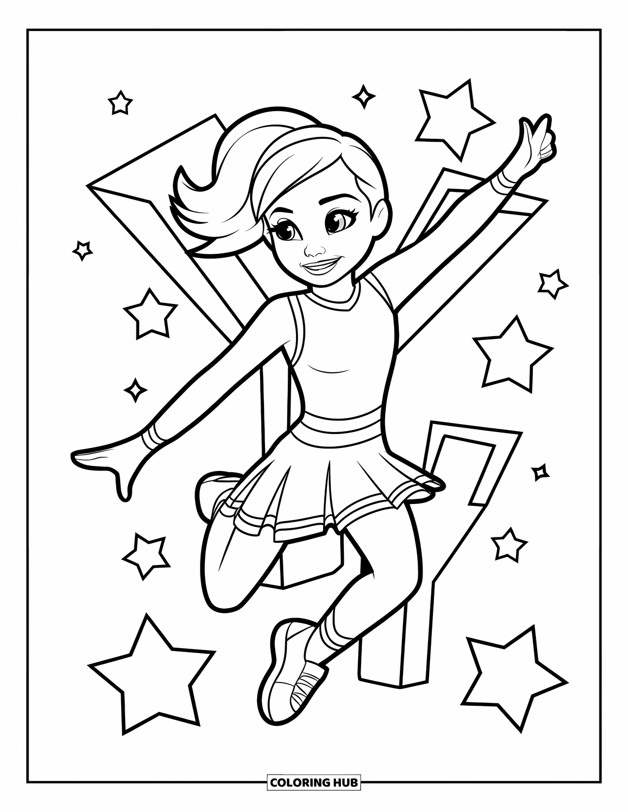 Cheer Coloring Page for Kids: Cheerleader jumping with stars and a large "Y" in the background