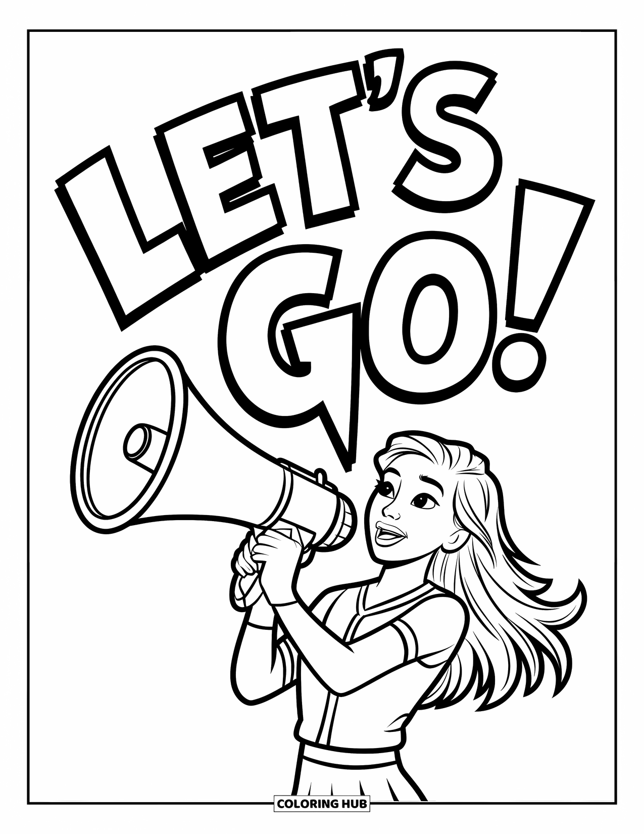 Cheer Coloring Page for Kids: Cheerleader leading a chant with a megaphone as "LET'S GO!" floats out