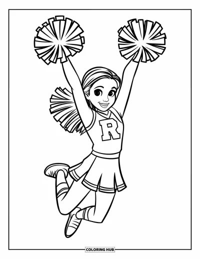 Målarbild med hejarklack för barn: Hejarklacksledare som hoppar med pompoms i en uniform med bokstaven "R"
