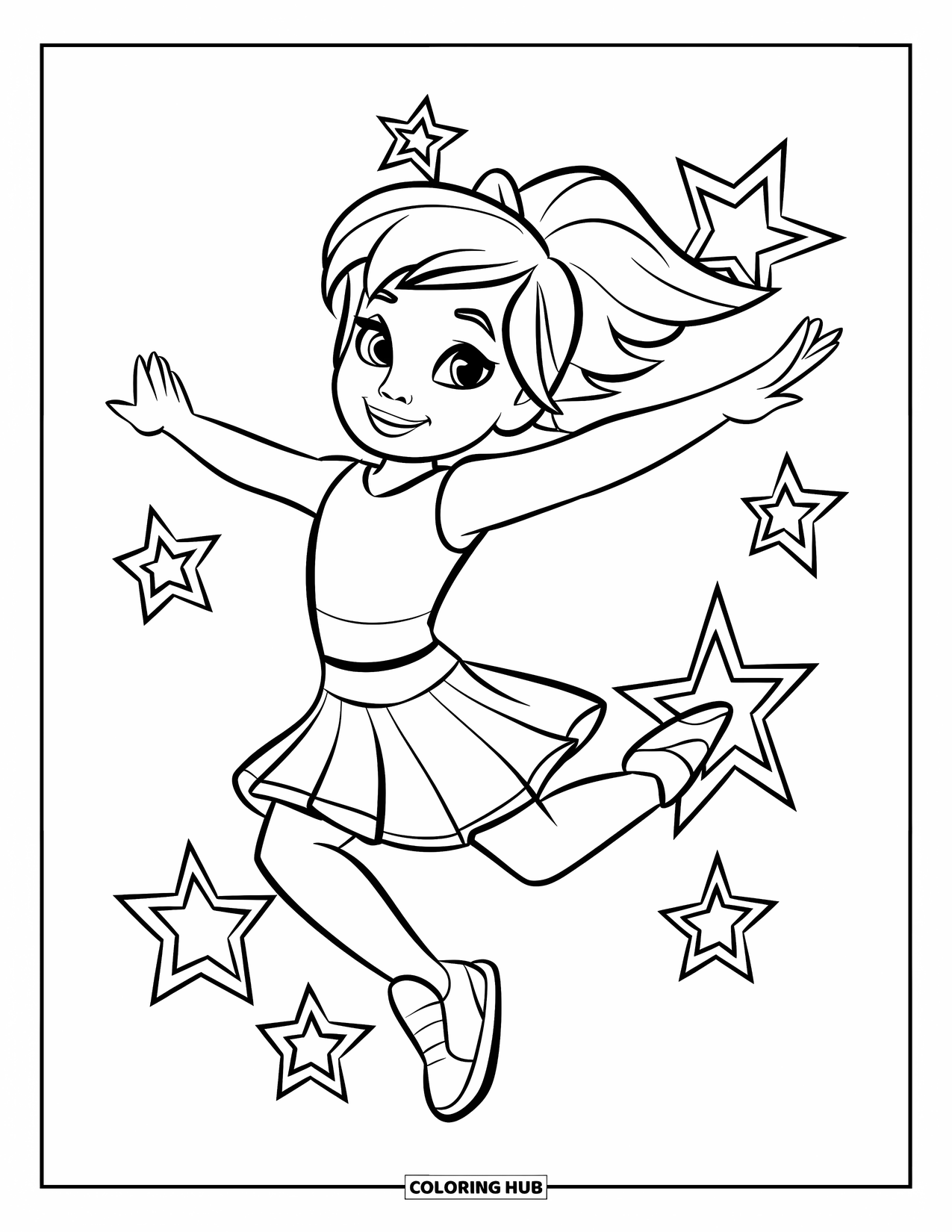 Cheer Coloring Page for Kids: Cheerleader mid-jump with stars floating around