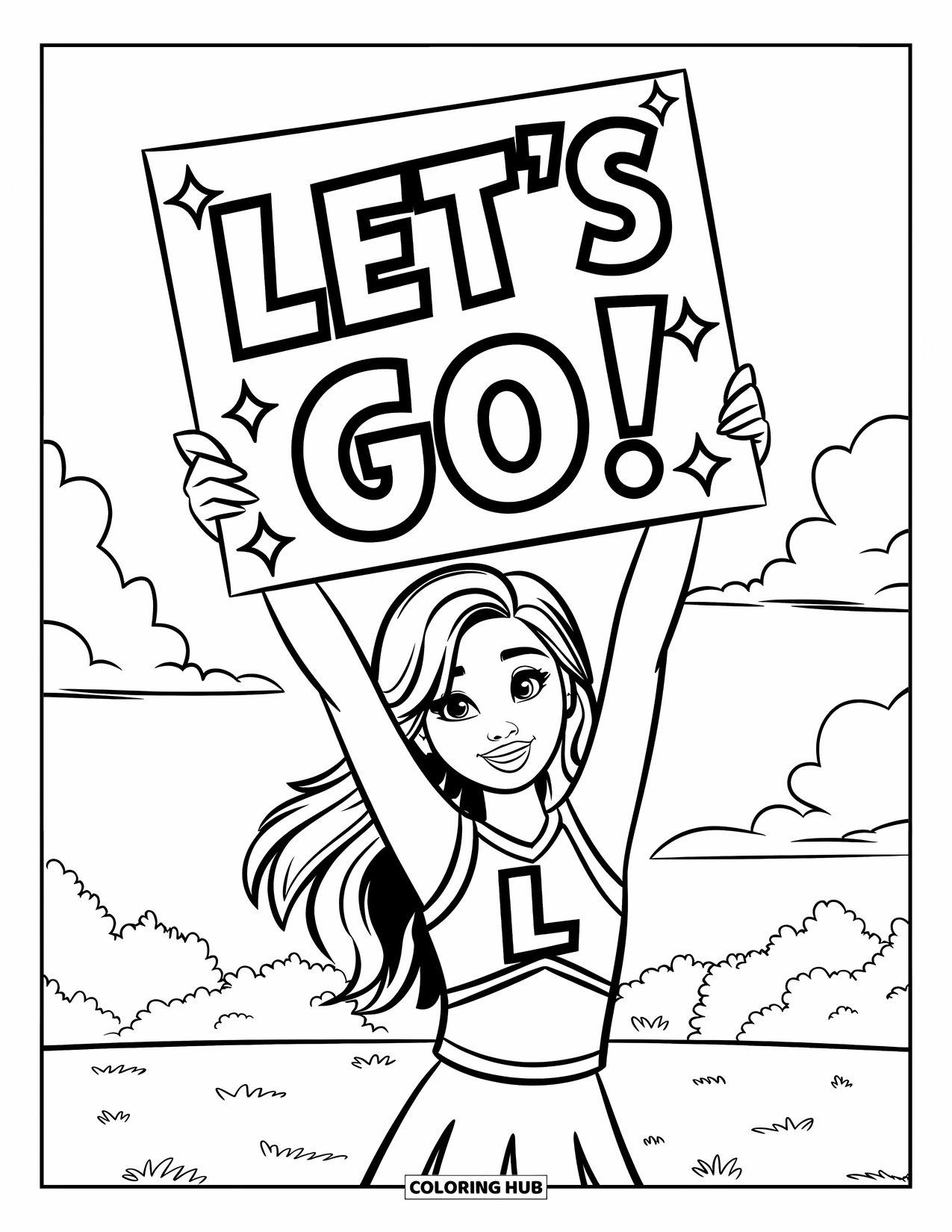Cheer Coloring Page for Kids: Cheerleader on a grassy field holding a sparkling "Let's Go!" sign with clouds above